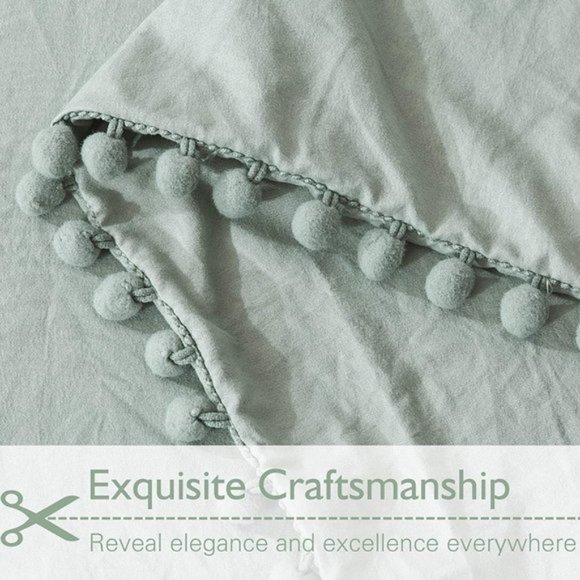 UO 3 Pieces Queen Green Pom Pom Fringe Duvet Cover - Picture 7 of 9